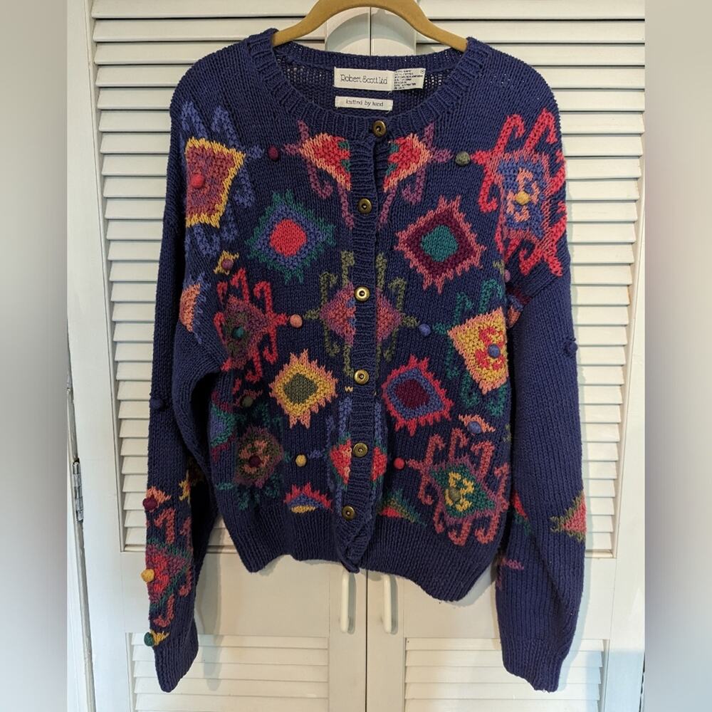 Robert Scott Ltd Vintage Hand Knit Patterned Cardigan Sweater Size Medium